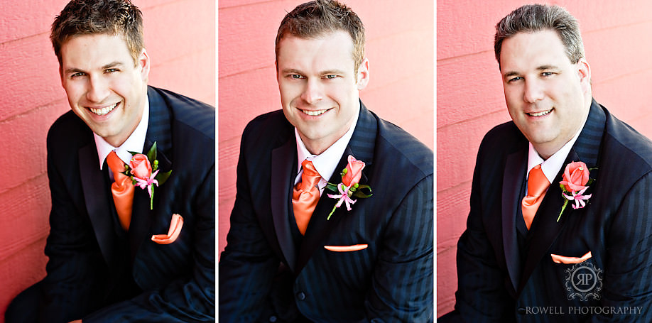 three photographs of the groomsmen against the Grace and Speed Museum exterior wall