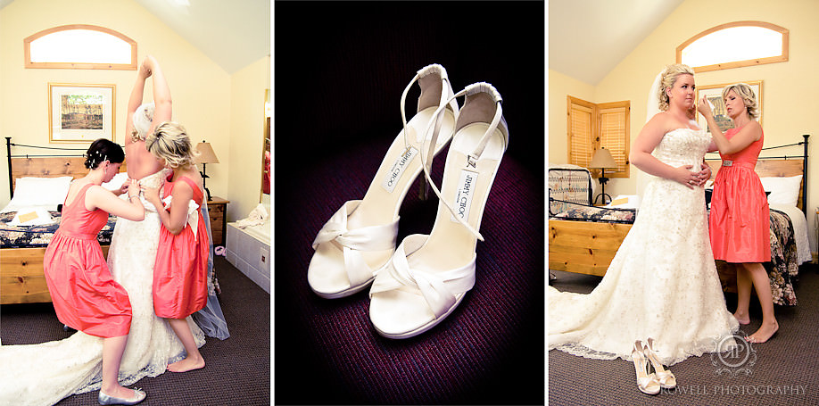 three photos from the bride getting ready with the bridesmaids helping her into her dress