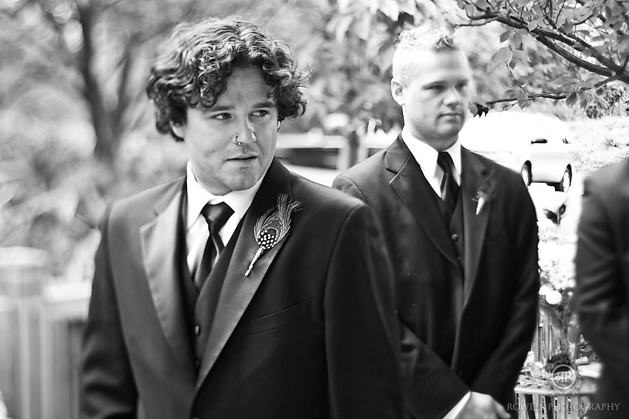 Emotional Groom watching Bride come down the aisle for first time Kariya Park Mississauga Ontario Wedding 