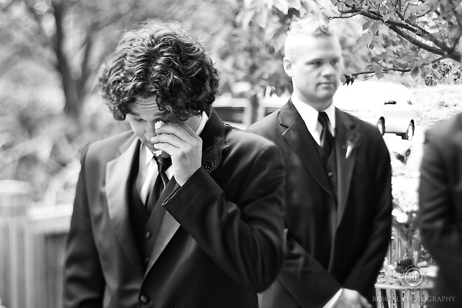 Emotional Groom watching Bride come down the aisle for first time Kariya Park Mississauga Ontario Wedding 