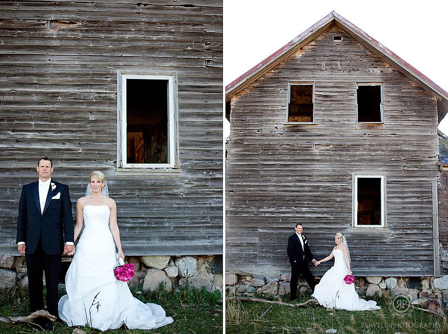 Bride and groom portrait in front of old wood house, Collingwood ON Wedding 