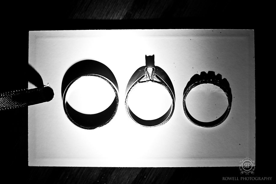 Wedding rings black and white photo taken on a name card with flash