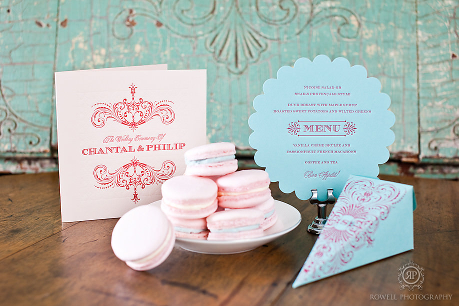 Sweet peony press pink and blue macaroons invite