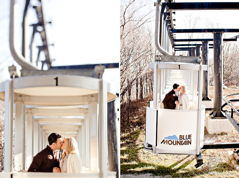 couple in ski lift blue montain