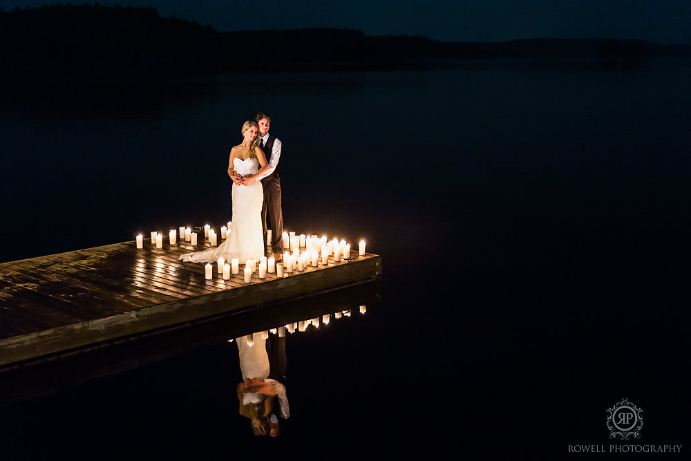 Muskoka photographers capture nighttime wedding photos on Mary lake in Muskoka.