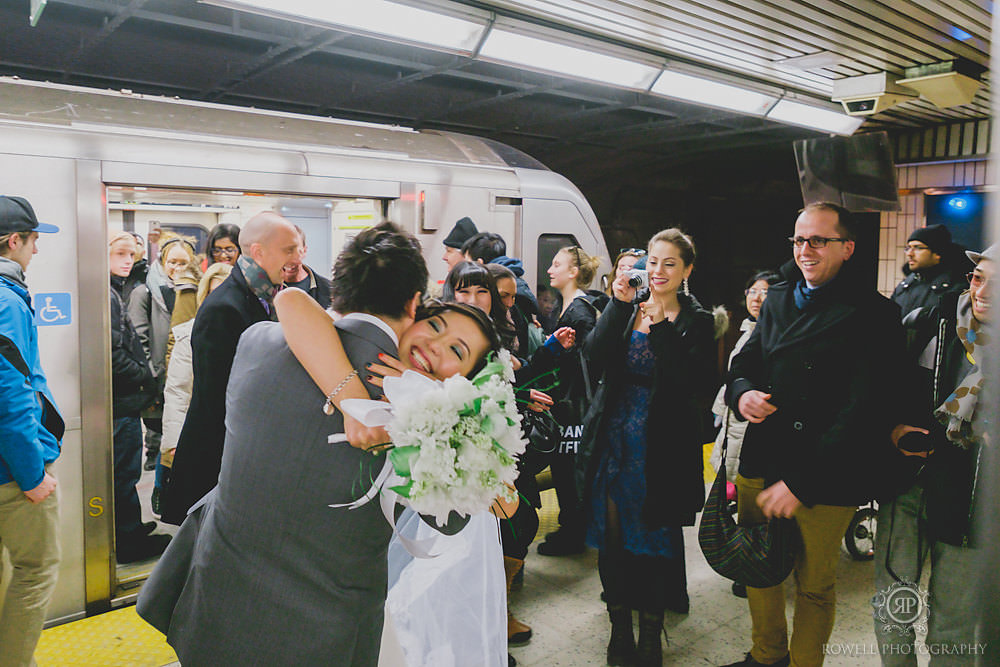 Toronto photographer captures unique wedding first look on Toronto subway.