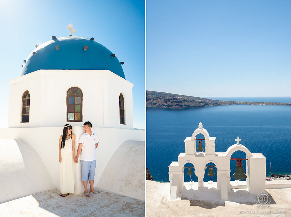 Santorini photographer captures destination photos of Chinese couple on the rooftops of Santorini, Greece.