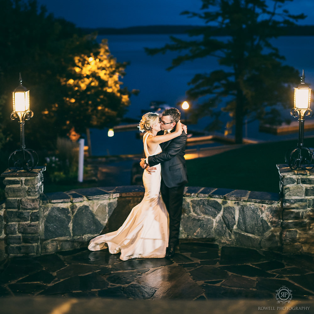 bride and groom wedding portraits at night muskoka