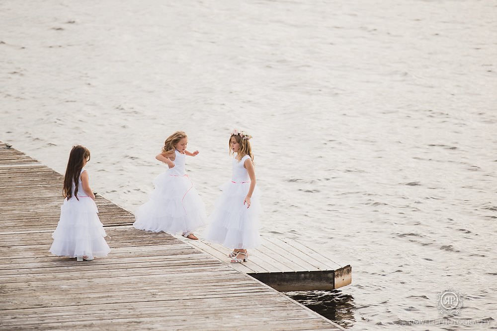 cute flower girls on a dock in muskoka