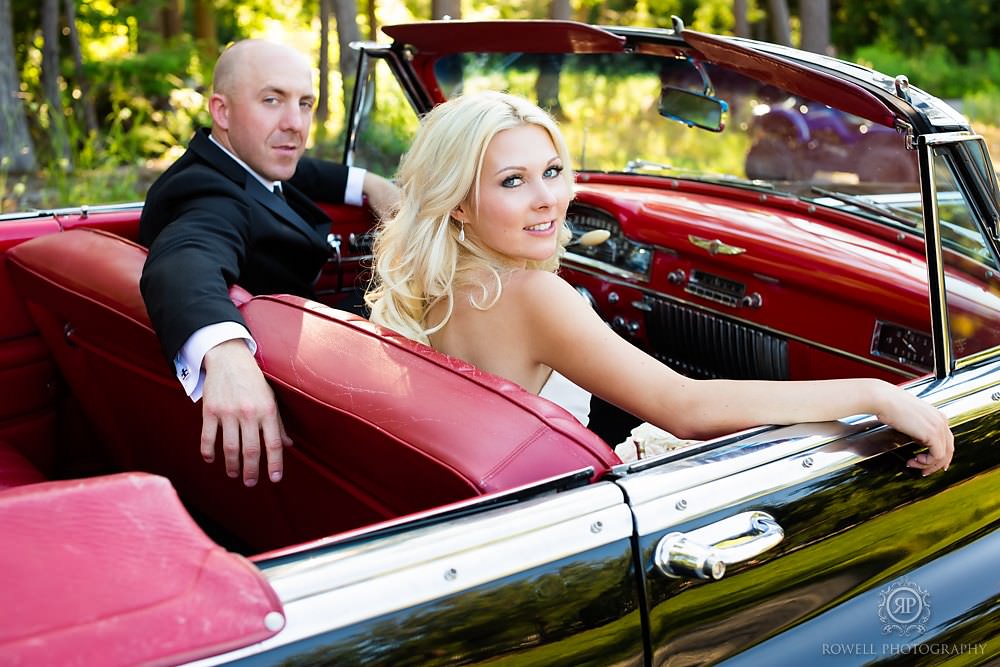 wedding photos in a classic car muskoka