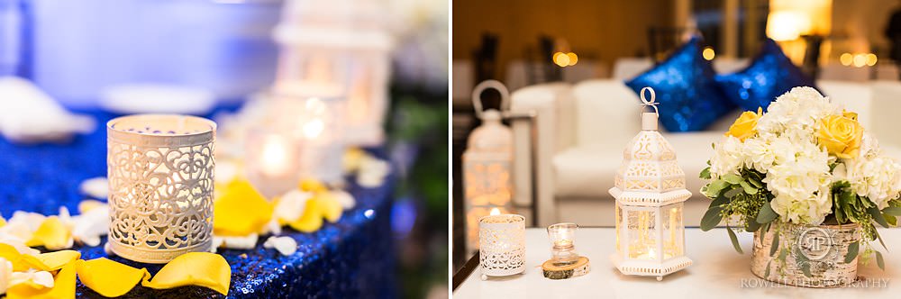 blue and yellow wedding reception decor