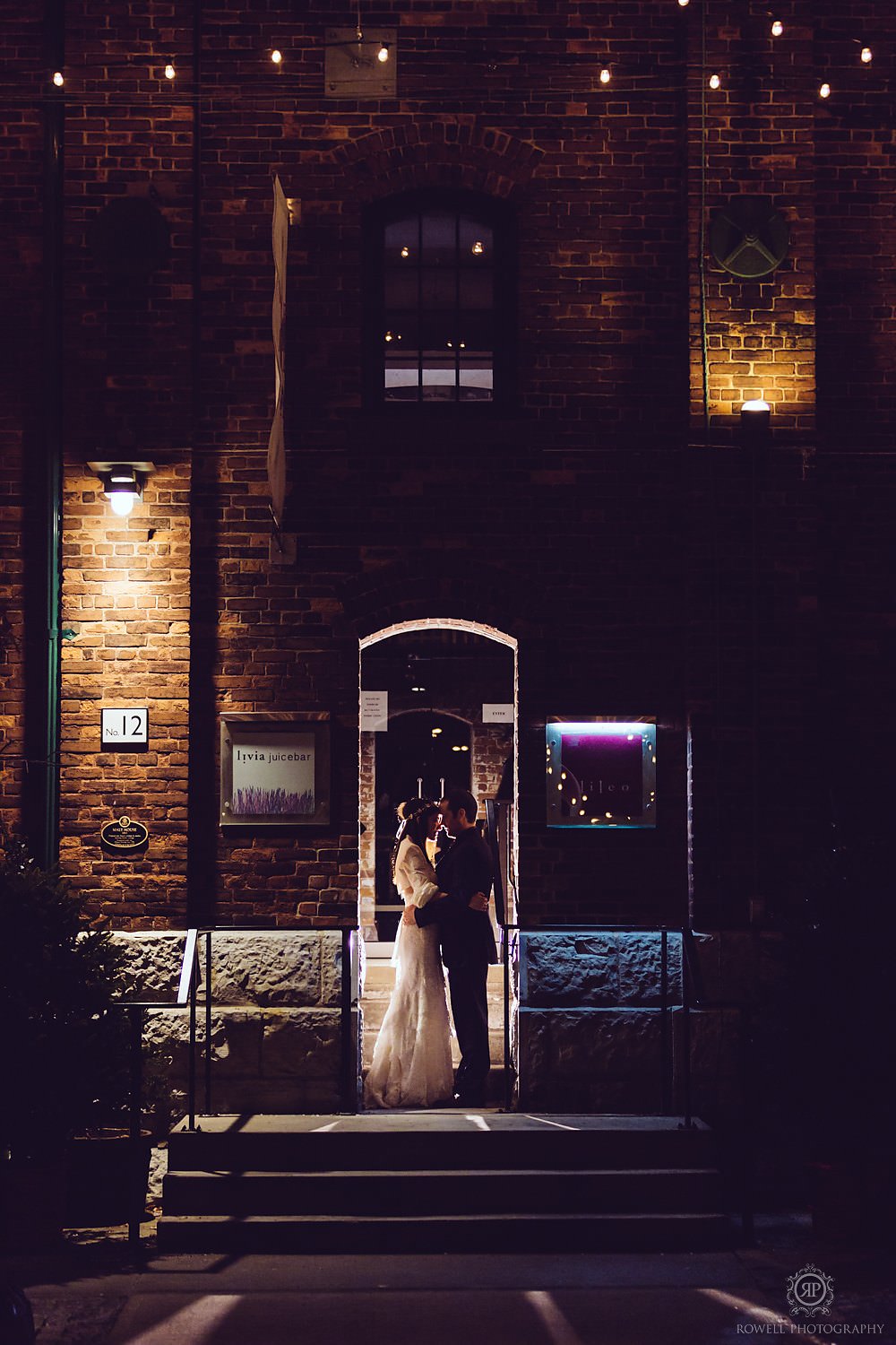 toronto historic distillery wedding portraits at night