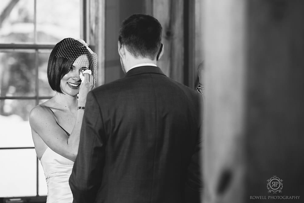 emotional bride at muskoka wedding ceremony