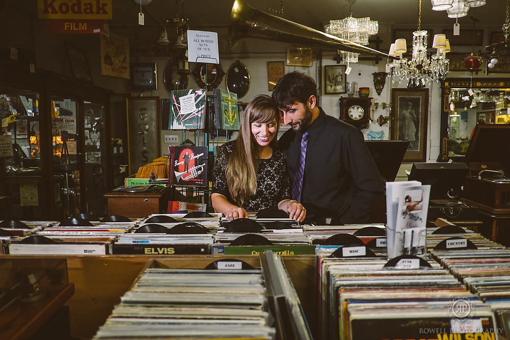 record shop engagement session