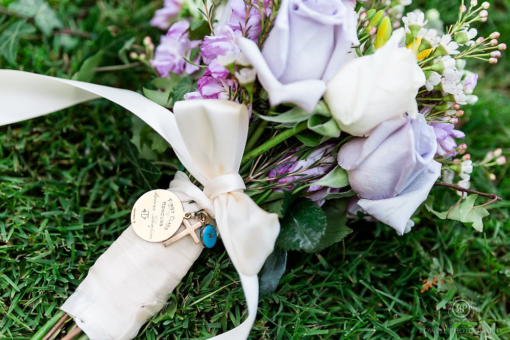 miltary medallion on brides bouquet